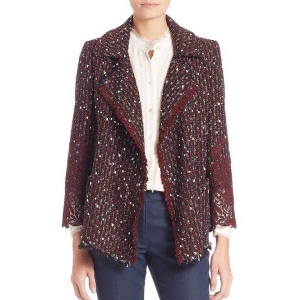 Escada Sport Blosi Marsala Open Front Wool Paillette Lace & Boucle Blazer 34